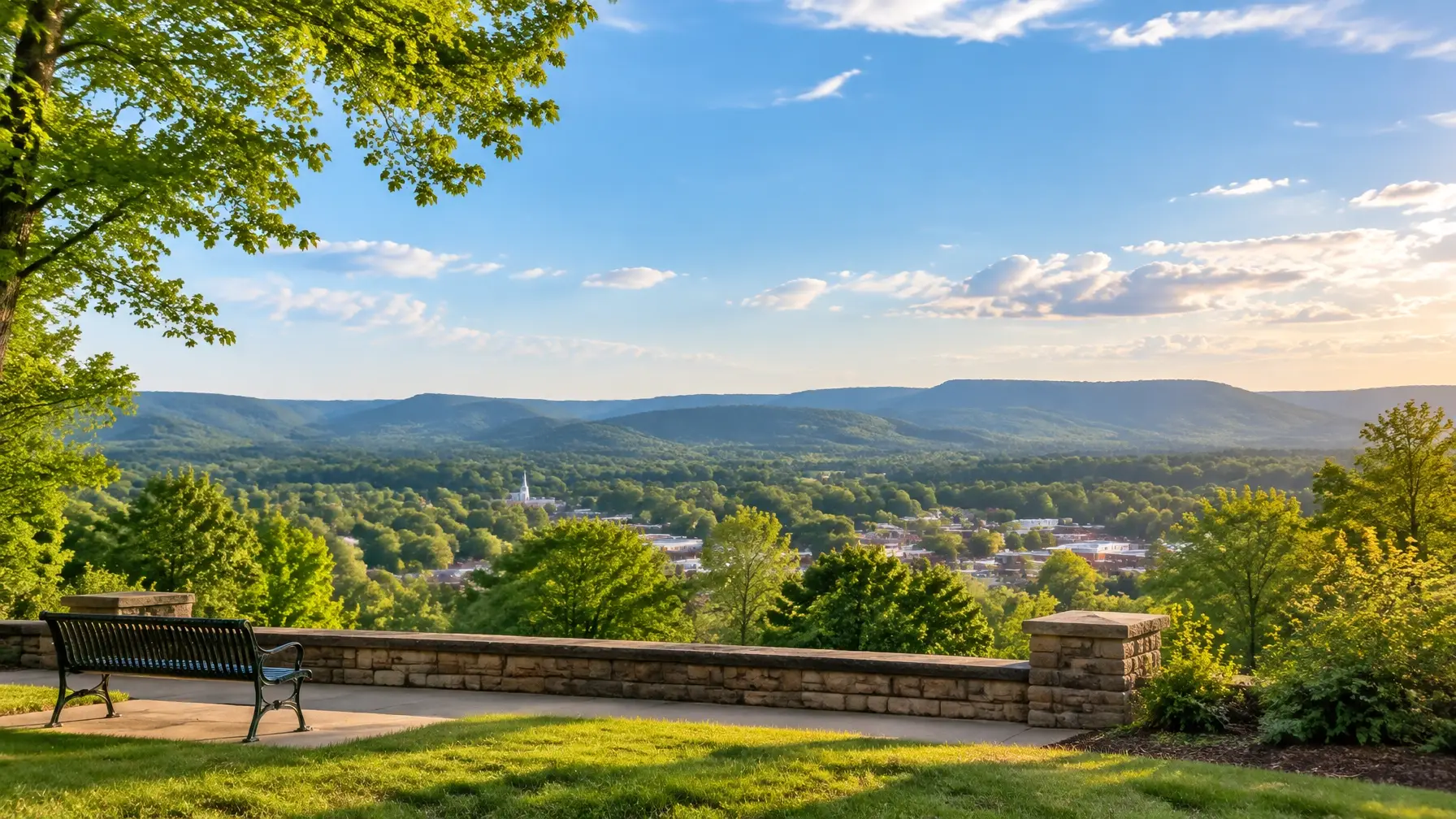 Original scenic illustration of Cookeville-area rooftops and wooded hills