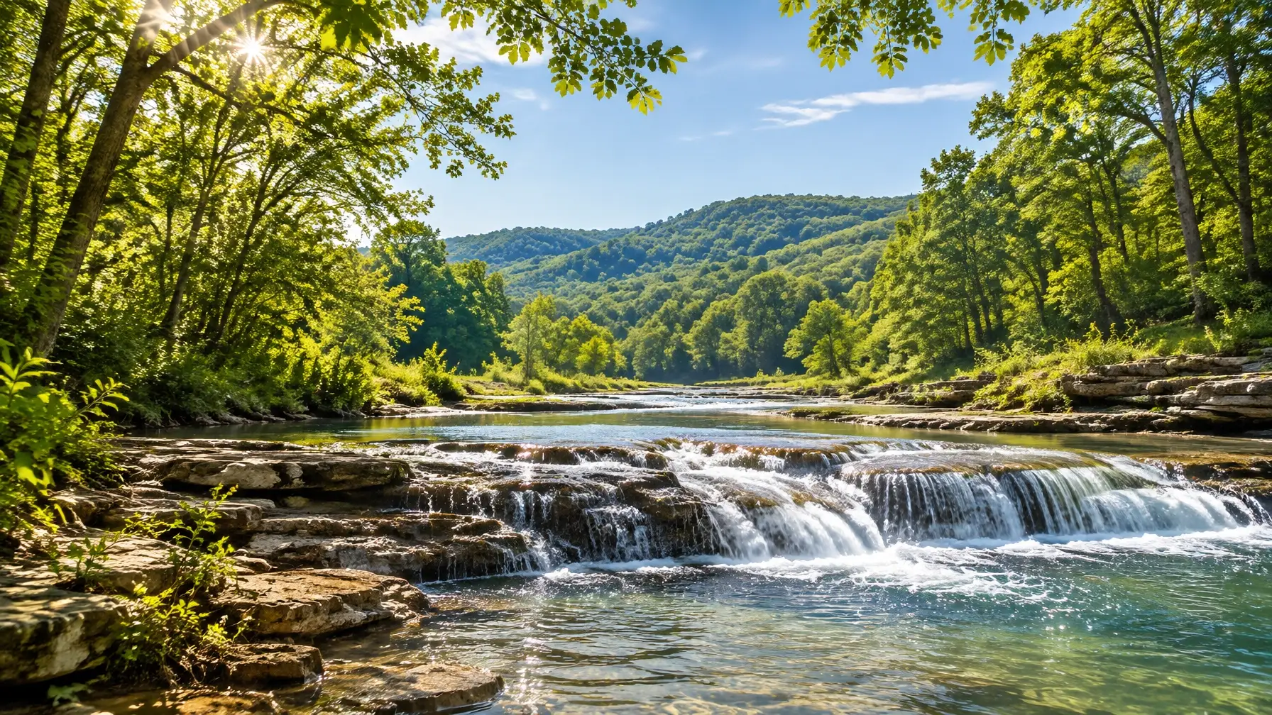Original illustrative background of a wooded Upper Cumberland creek and waterfall